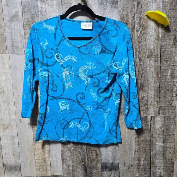 Cactus Bay Apparel Vintage Blue Embellished Kokopelli Native American Graphic Te - Picture 1 of 5